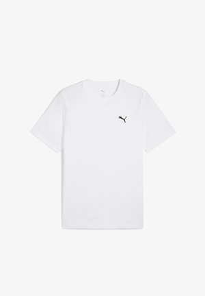 Hvid bomulds T-shirt med korte ærmer og rund hals, med et lille sort Puma-logo på den øverste venstre bryst.