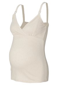 Beige zwangerschapshemd met ribbeltextuur, v-hals, verstelbare bandjes en geplooide stof onder de buste voor comfort.