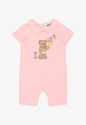 Różowy bawełniany body z krótkimi rękawkami, z grafiką misia i kolorowymi akcentami kulek. Posiada zatrzaski na dole.