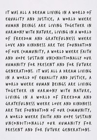 Texte sur fond blanc utilisant une police de style manuscrit. Le texte exprime des thèmes d'égalité, de justice et de communauté.
