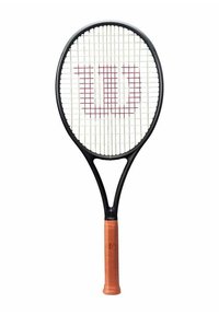 Tennisschläger mit schwarzem Rahmen, orangefarbenem Gummigriff und einem weißen Besaitungsfeld, das in der Mitte ein rotes "W"-Logo trägt.