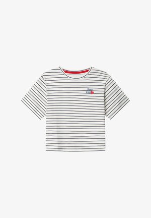 Short-sleeve, white cotton t-shirt with navy stripes. Features a round neckline and a small embroidered logo with a heart on the chest.