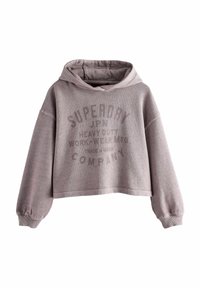 Felpa corta grigia in tessuto morbido con cappuccio e coulisse, dotata di polsini a coste. Presenta una grafica frontale con la scritta "SUPERDRY". Vestibilità ampia.