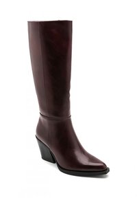 Bottine en cuir marron, montante jusqu'au genou, avec un bout pointu et un talon bloc. Texture lisse avec une silhouette épurée et des détails de couture minimaux.