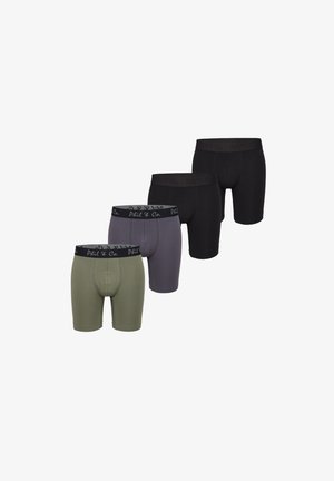 Fire par boxer-shorts i olivengrøn, grå og sort. Hver enkelt har en mærkevare-elastisk talje i sort. Glat bomuldsstof.