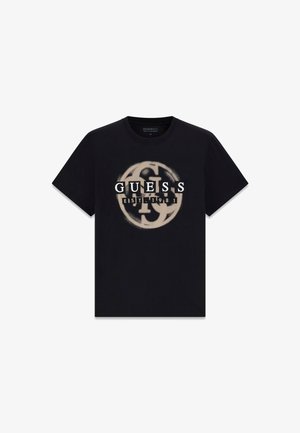 Black short-sleeve T-shirt with beige circular logo and white block letters spelling "GUESS EST. 1981" on the front center.