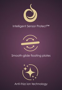 Trois icônes avec texte : flamme pour Intelligent Sensor Protect™, plaque rotative pour plaques flottantes Smooth-glide et étincelles pour la technologie ionique Anti-frizz.
