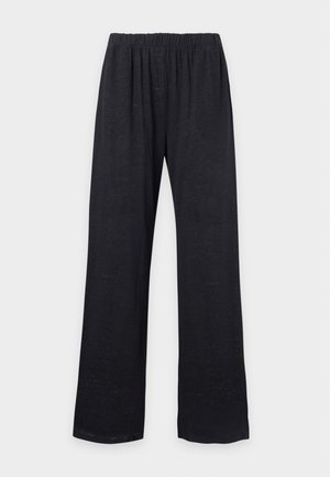 Pantalon noir à jambes larges avec ceinture élastique, fabriqué en tissu léger, présenté à plat sur fond blanc.