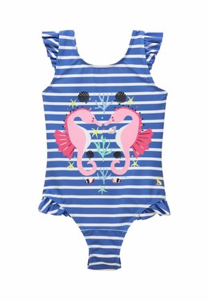 Modré a biele pruhované jednodielne plavky s volánikmi na ramenách a potlačou dvoch ružových morských koníkov čeliacich si navzájom, obklopených morskými rastlinami.