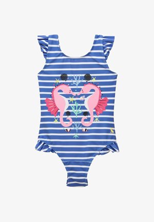 Niebiesko-biały pasiasty jednoczęściowy strój kąpielowy z falbankami na ramionach oraz nadrukiem dwóch różowych morskich koników zwróconych do siebie, otoczonych roślinami morskimi.