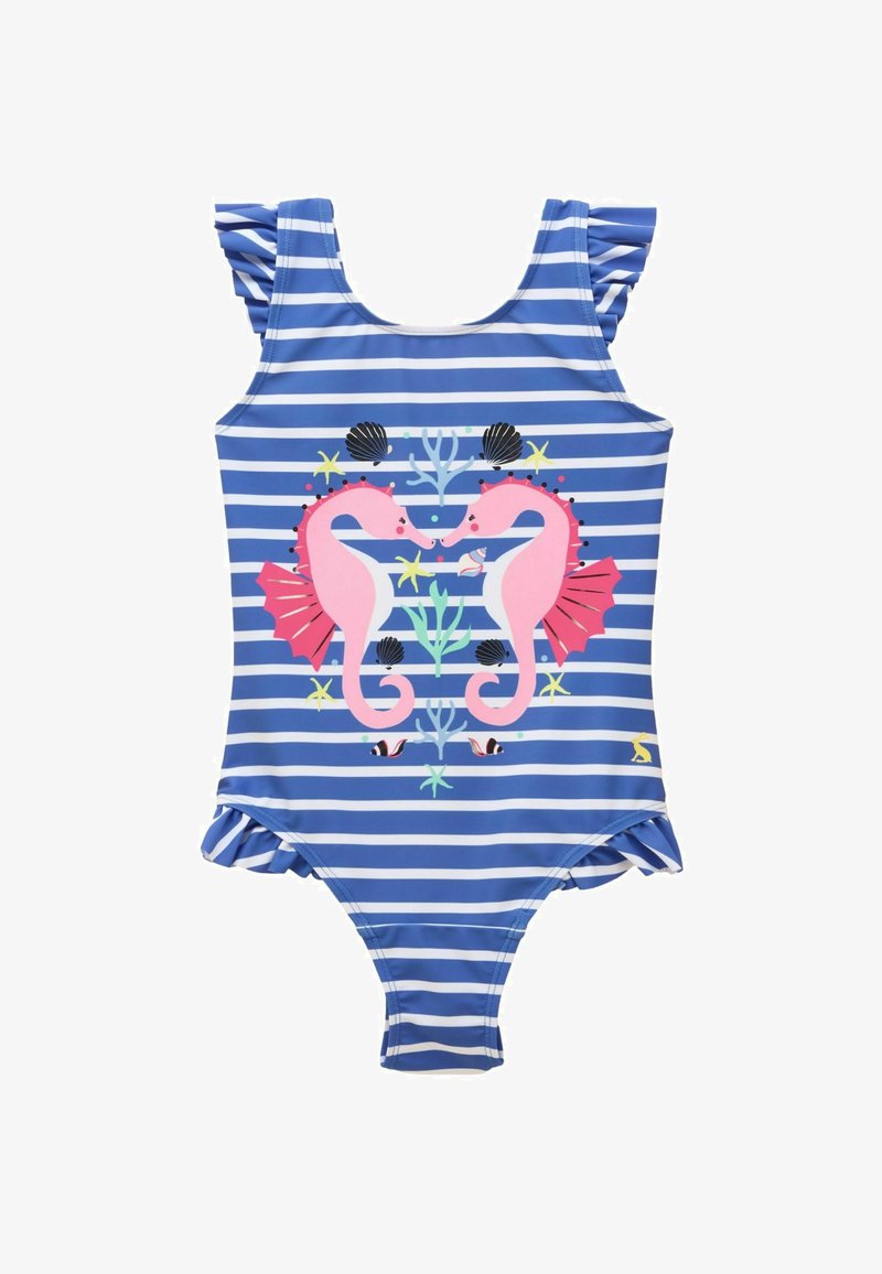 Maillot de bain une pièce rayé bleu et blanc avec épaules à volants et imprimé de deux hippocampes roses se faisant face, entourés de plantes marines.