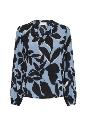 Blusa de manga larga en azul claro con estampado de hojas en negro y blanco. Presenta un escote en V y puños fruncidos, fabricada en un tejido suave.