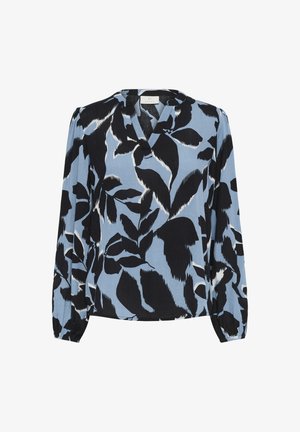 Langärmlige Bluse in Hellblau mit schwarz-weißen Blättern. Mit V-Ausschnitt und gerafften Bündchen, aus einem weichen Stoff gefertigt.