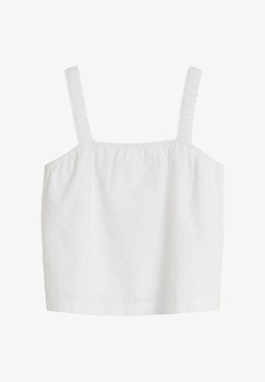 Weißes ärmelloses Crop-Top mit gerafften Schulterträgern und gerade geschnittener Halslinie, aus leichtem Stoff.