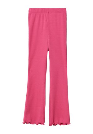 Rosa gerippte Schlaghosen mit einem elastischen Bund und einem rüschierten Saum. Der Stoff wirkt weich und dehnbar.