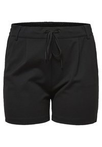 Černé šortky vyrobené z hladkého materiálu, s elastickým pasem a šňůrkou na stažení, dvěma předními kapsami a elegantním střihem.