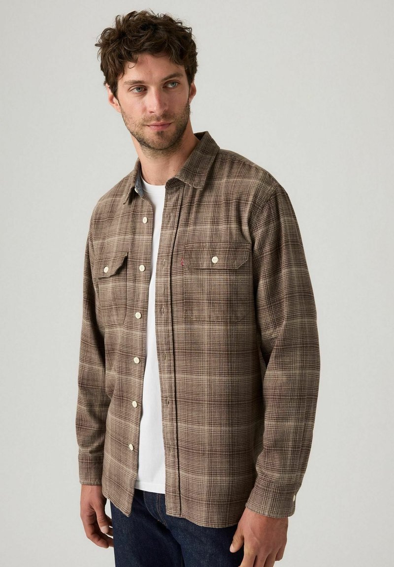 Mann trägt ein braun kariertes Hemd über einem weißen T-Shirt und dunklen Jeans, steht vor einem schlichten hellgrauen Hintergrund.