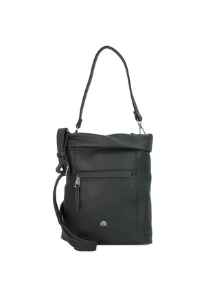 Bolso de hombro de cuero negro con un acabado texturizado, correa ajustable, cierre superior con cremallera y un bolsillo frontal con cremallera. Logo impreso en la parte inferior delantera.