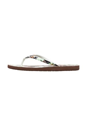 Flip-flop sandal with brown sole and white straps featuring a tropical floral pattern and a small metal button accent.