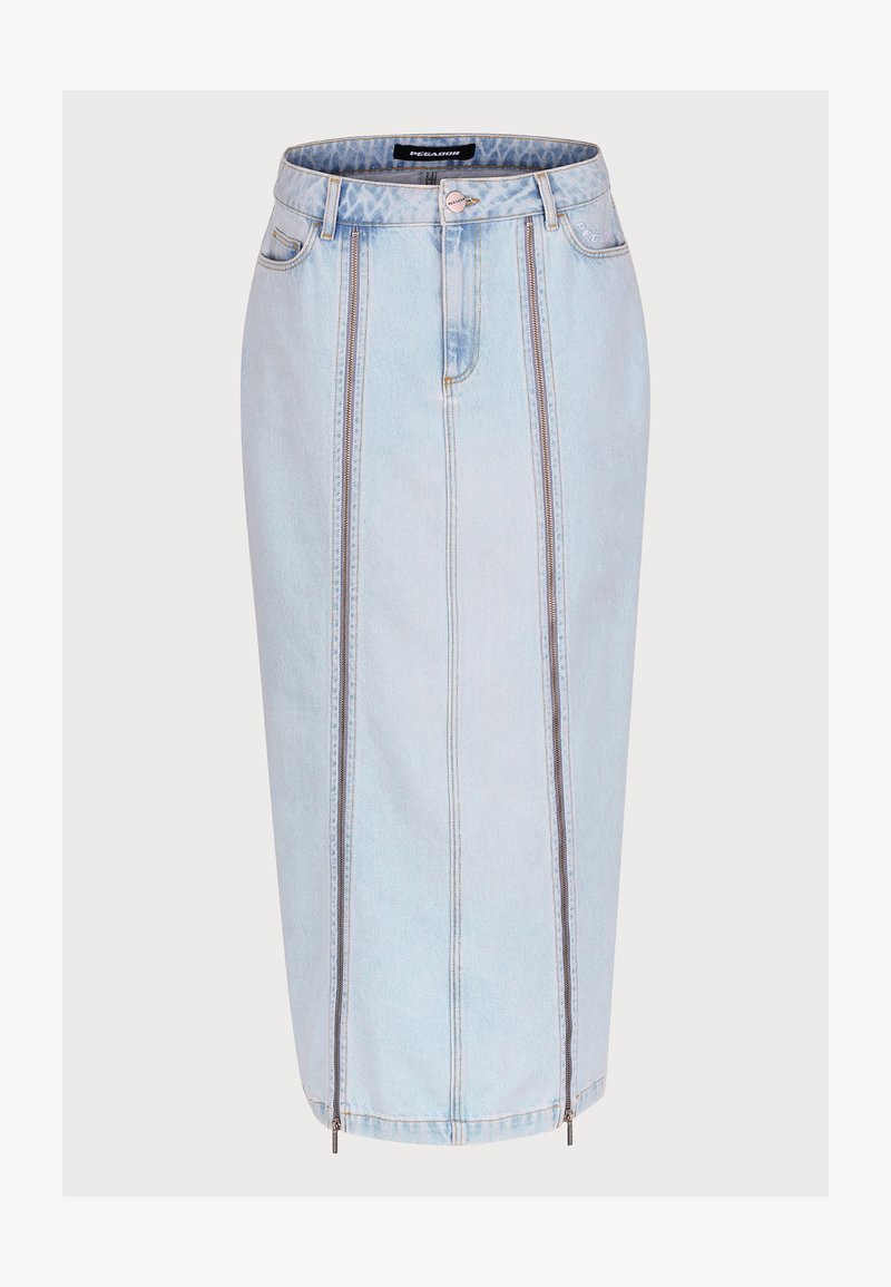 Jupe en denim bleu clair avec un design ajusté, comportant deux poches zippées à l'avant, des détails de couture au centre et une longueur jusqu'au mollet.