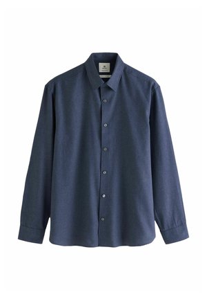 Navy blue long-sleeve button-up shirt with collar, straight hem, and single-button cuffs, made of 100% cotton.