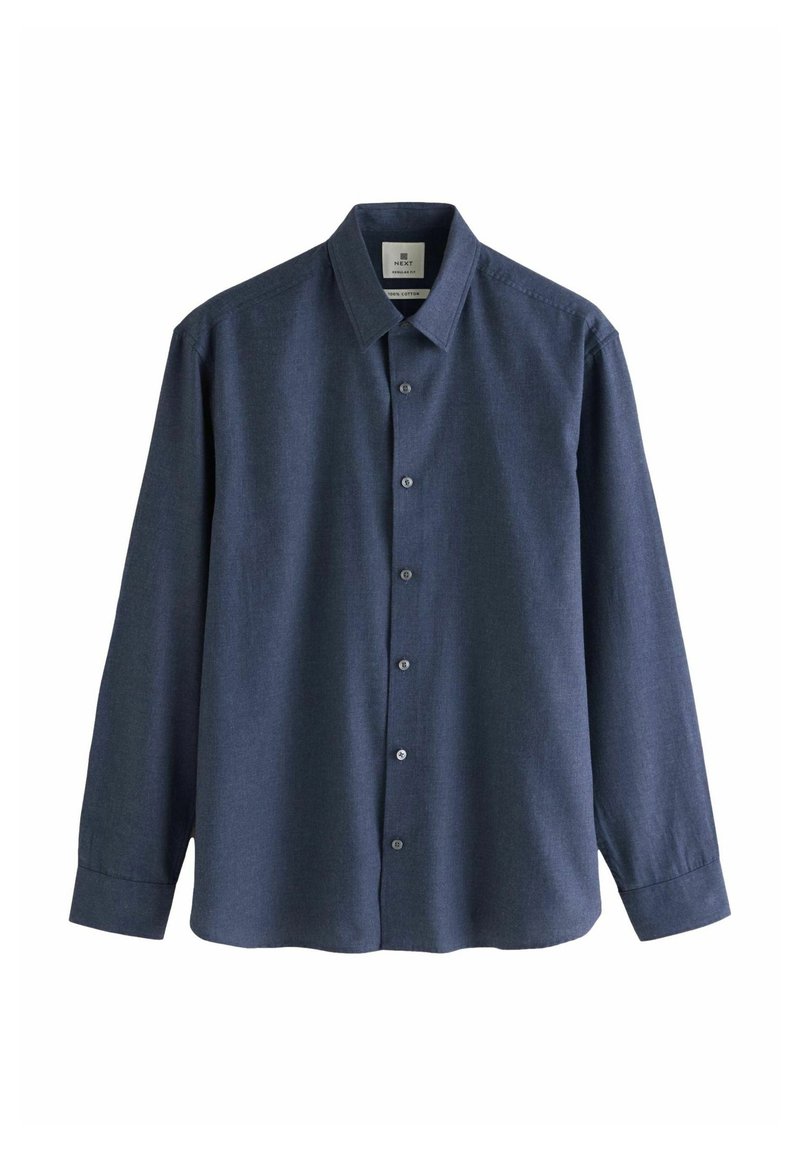 Chemise bleu marine à manches longues avec boutons, col, ourlet droit et poignets à un bouton, en 100 % coton.