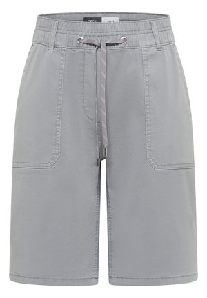 Shorts gris mi-genoux avec taille élastique, fermeture par cordon, poches plaquées à l'avant et passants pour ceinture.