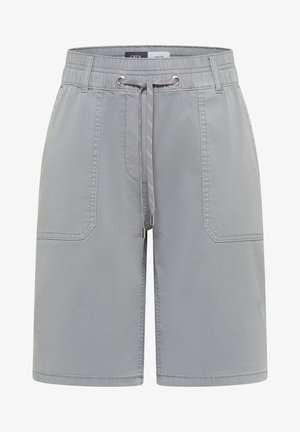 Shorts gris mi-genoux avec taille élastique, fermeture par cordon, poches plaquées à l'avant et passants pour ceinture.