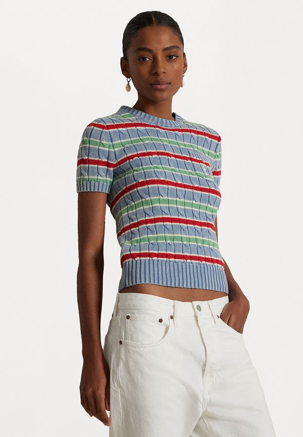 STRIPED CABLE-KNIT SHORT-SLEEVE SWEATER - Print T-shirt