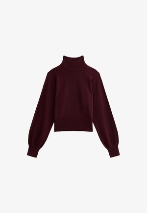 Pull en col roulé bordeaux avec de longues manches bouffantes, poignets et ourlet côtelés, fabriqué en tissu tricot doux, au design court.