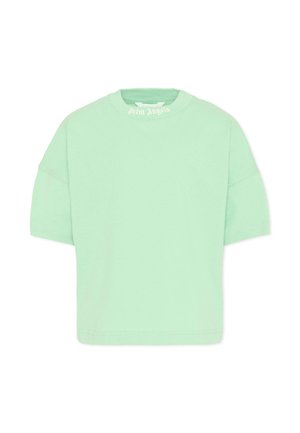 Miętowo-zielony krótkowy rękaw, bawełniana koszulka z okrągłym dekoltem z białym napisem "Palm Angels" nadrukowanym od wewnątrz kołnierza.