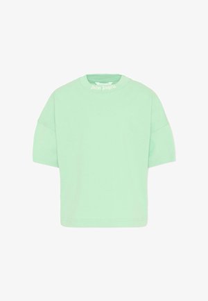 Miętowo-zielony krótkowy rękaw, bawełniana koszulka z okrągłym dekoltem z białym napisem "Palm Angels" nadrukowanym od wewnątrz kołnierza.