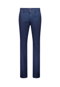 Marineblaue Baumwollhose mit geradem Bein, ausgestattet mit einem Knopfverschluss, vorderen Taschen und dezenten Nähakzenten.