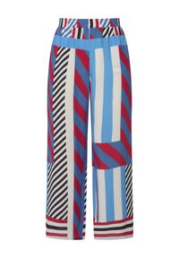Pantaloni a gamba larga con un mix di motivi audaci in rosso, blu, nero e bianco. Realizzati in un tessuto morbido con cintura elastica.