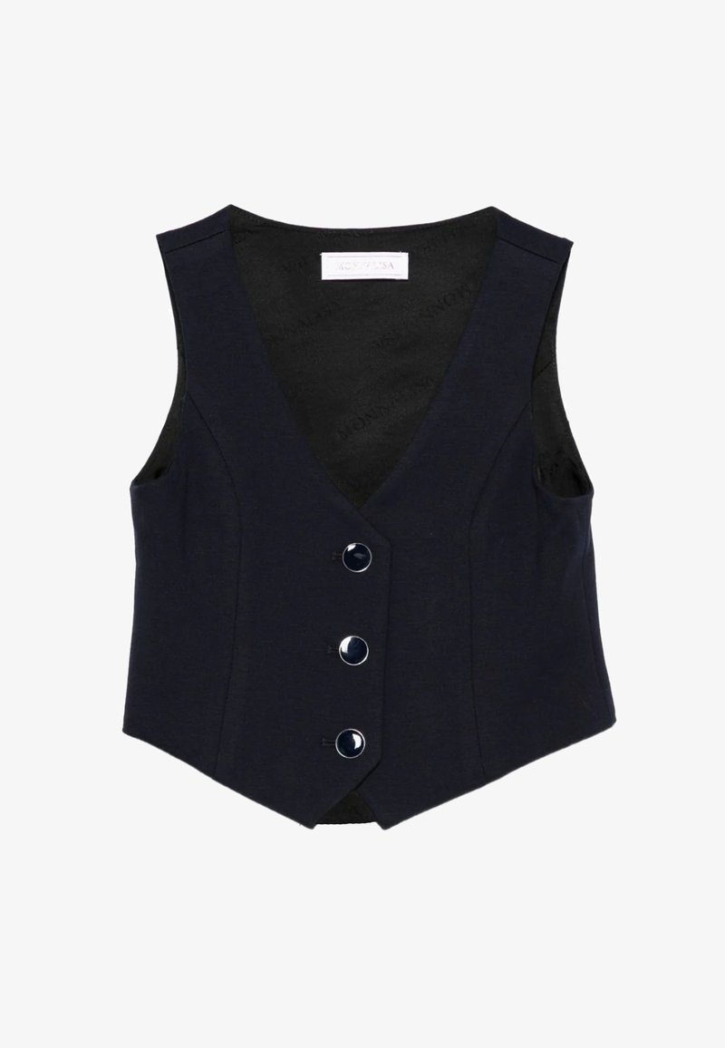 Gilet ajusté bleu marine avec un col en V, comportant cinq boutons ronds brillants et une texture lisse. Pas de motifs ni d'accents visibles.
