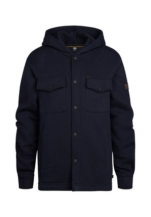 Marineblauwe hoodie-jack met een knoopsluiting aan de voorkant, twee borstzakken en een capuchon met trekkoord, gemaakt van zachte, gestructureerde stof.