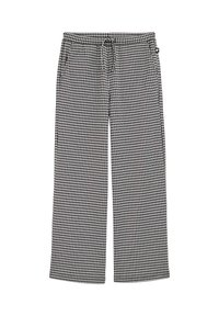 Široke hlače s črno-belo houndstooth zasnovo, z elastičnim pasom in nastavljivo vezalno vrvico. Narejene so iz mehke tkanine.