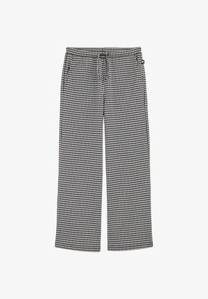 Sort og hvidt hundetandsmønsteret brede benbukser med elastisk talje og justerbar snor. Lavet af et blødt stof.
