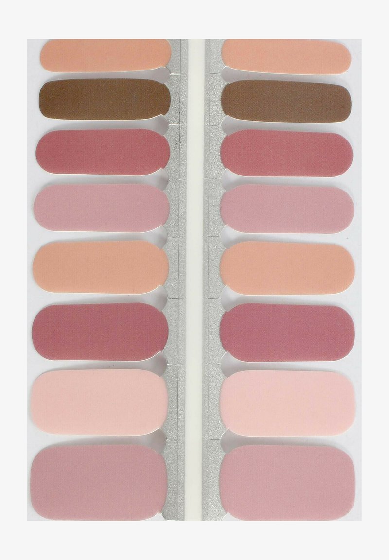 Color swatches arranged in two rows, featuring various skin-tone shades; matte finishes in pink, peach, brown, and rose tones.