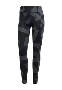 Zwarte en grijze leggings met een patroon, voorzien van een hoge tailleband en zijzak, gemaakt van rekbaar, ademend materiaal met een strakke uitstraling.