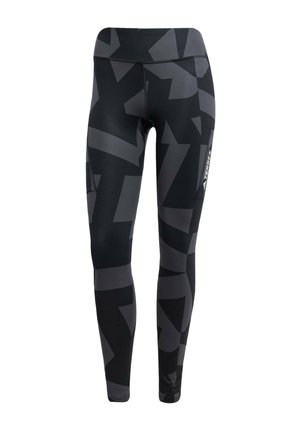Leggings s uzorkom u crnoj i sivoj boji, sa visokim pojasom i bočnom džepom, izrađeni od rastezljivog, prozračnog materijala sa elegantnim dizajnom.