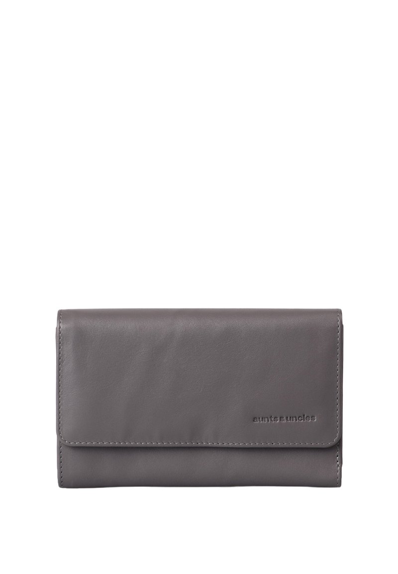 Gray leather wallet with a smooth texture, fold-over design, and embossed logo. Features a sleek silhouette with minimal hardware.