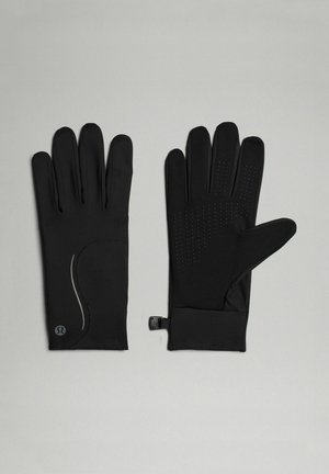 Black gloves with a smooth, stretchy material. Features a textured grip on the palm and a reflective logo on the side.