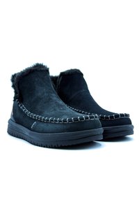 Stivali alla caviglia in suede nero con fodera in pelliccia sintetica e dettagli cuciti. Suole in gomma con finitura testurizzata. Forma della punta arrotondata.