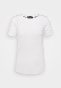 Camiseta corta de manga blanca hecha de algodón. Presenta un escote redondo y una textura suave y uniforme. No hay patrones ni acentos visibles.