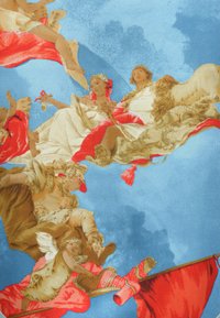 Colorful textile featuring figures in white and red garments against a light blue background, with ornate detailing and flowing textures.