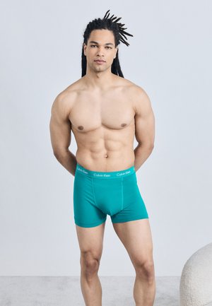 Hemdloser Mann mit Dreadlocks steht frontal und trägt türkisfarbene Calvin Klein Boxershorts vor schlichtem hellem Hintergrund.