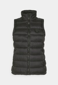 Gilet imbottito nero, design senza maniche, collo alto, zip frontale, texture trapuntata, dettaglio logo circolare sul petto sinistro.