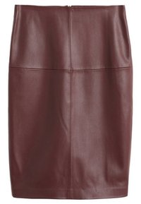 Viininpunainen nahkainen kynähame, jossa on sileä pinta. Hameessa on sauman yksityiskohtia koko pituudelta ja takana vetoketju sulkemista varten.