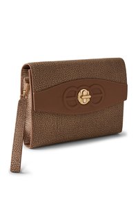 Brown textured wristlet clutch with smooth leather flap and gold circular clasp embossed with brand name Borbonese.